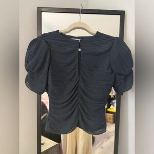 Frame Pleated Ruched Sleeve Keyhole Top Navy (Small)